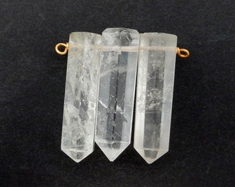 Triple Crystal Quartz Pencil Point Pendant with Gold Plated Wire Bails - (11BROWNSHELF-76-01)