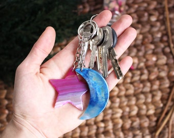 Crescent Moon and Star Agate Key chain-Agate Key Chain-Moon and Star Shapes-Craft Supply-Protection Stone (6BROWNSHELF-125)(6BROWNSHELF-126)