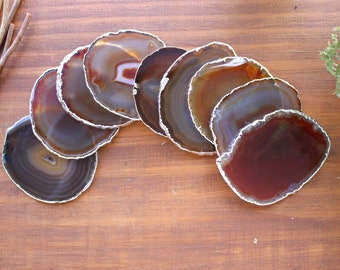 Tan Agate Slice - Silver Electroplated edges - Agate Coasters - Crystals and Stones - Spiritual Gift (RK200BOX11-A)