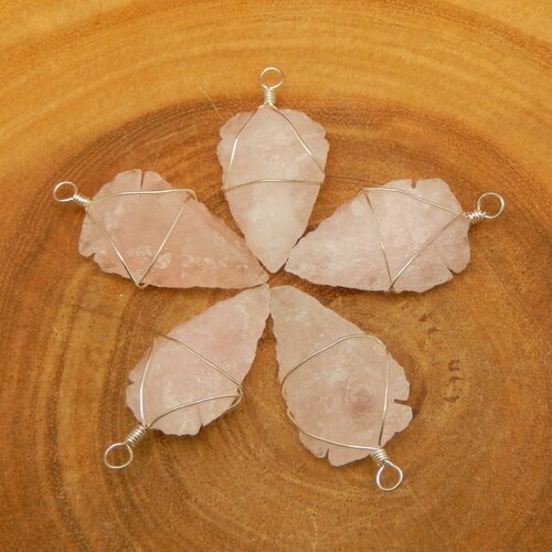 Rose Quartz Arrowhead Pendant Wire Wrapped Silver Tone Arrow Head Charm (10BROWNSHELF-67)