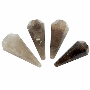May include: Four smoky quartz crystal points, each with a different shade of brown, arranged in a semi-circle on a white background.