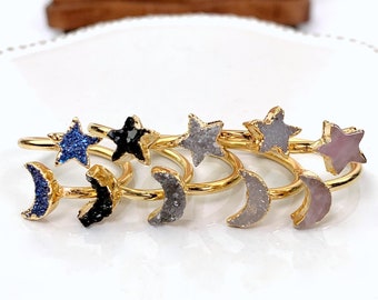 Moon and Star  Druzy Adjustable Rings
