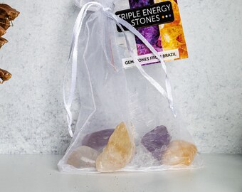 Triple Energy Set of Quartz, Amethyst and Citrine Tumbled and Rough - Tied & Tagged