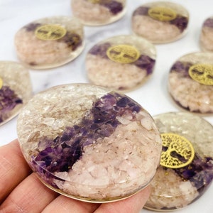 Orgone Energy Palm Stone Amethyst Rose Quartz Crystal Quartz - Tree of Life back view on hand for reference.