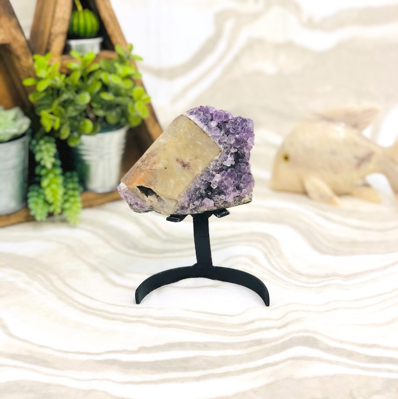 Amethyst Crystal Purple Geode With Calcite on Metal Stand OOAKB18-02