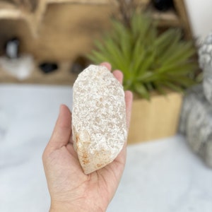 May include: A large, white, clear quartz crystal with a rough, textured surface. The crystal has a natural, raw appearance and is held in a hand.