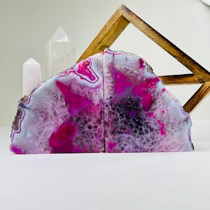 Pink Dyed Agate Crystal Bookends OOAK