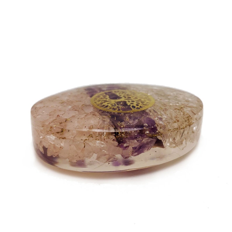 Orgone Energy Palm Stone Amethyst Rose Quartz Crystal Quartz - Tree of Life close up side view for reference.