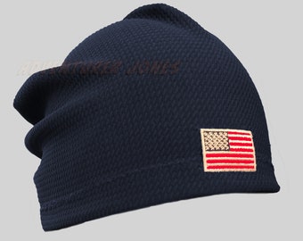 NEW Handmade Navy Blue Textured Knit Beanie Size 22in/Med/Large with USA Flag