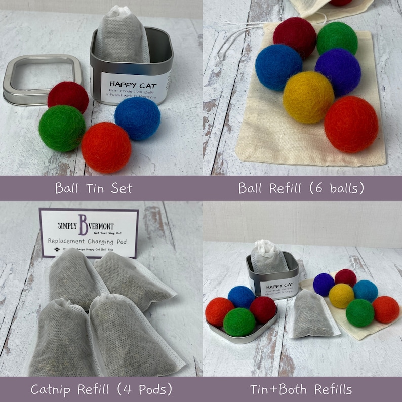 Catnip Infused Felted Balls with Recharging Tin by Simply B Vermont catnip refill NO TIN