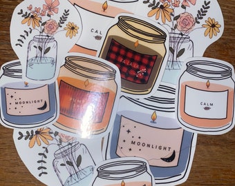 Pegatinas de vinilo hechas a mano: acogedor, hogar, velas