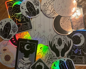 Handmade stickers- holographic crystal, moon, witchy  stickers