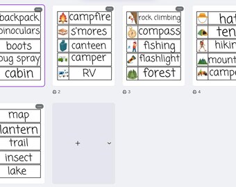 Palavras para o mural de vocabulário da pré-escola - acampamento