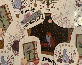 Pegatinas de vinilo hechas a mano: brujas, cristales, luna, magia oscura.