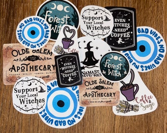 Pegatinas hechas a mano: brujas, café, salvia, mal de ojo, boticario, yoga.