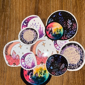 handmade vinyl stickers- moon, full moon, crystals