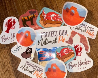 handmade vinyl stickers- bar harbor, lobster, arches, Moab, travel,  national parks