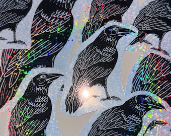 Pegatina de vinilo holográfica de cuervo hecha a mano
