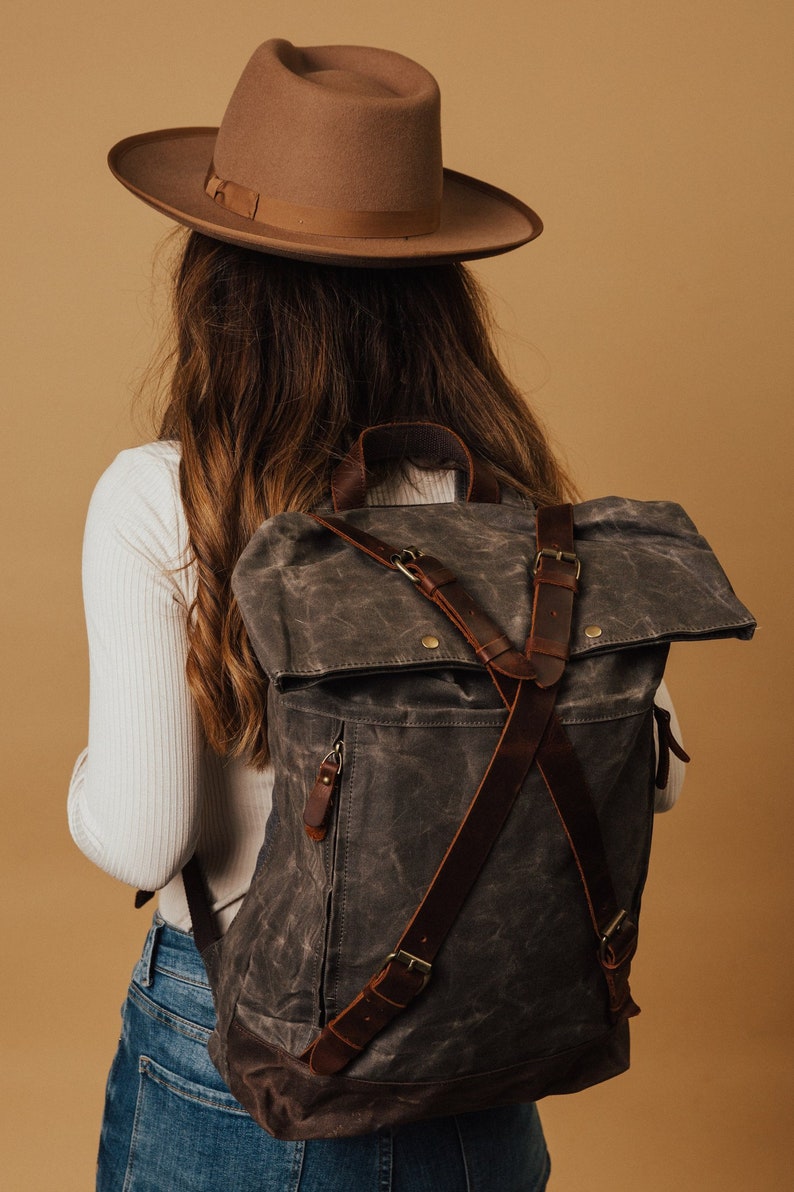 Waxed canvas roll top backpack Etsy
