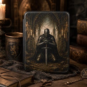 May include: A rectangular protective case for an e-reader featuring a detailed illustration of a knight in dark armor kneeling with a sword in a stone chamber. The artwork displays a gothic aesthetic with candlelit arches and a somber atmosphere.