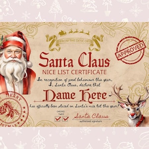 Nice List Certificate Editable Template - Santa Claus Christmas Printable | Instant Download PDF for Kids | Personalized Holiday | Canva