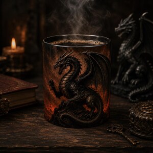 May include: A cylindrical mug featuring a dark, detailed dragon illustration set against a fiery orange and black background. The mug contains a steaming hot dark liquid, with the dragon design wrapping around the exterior surface of the vessel.