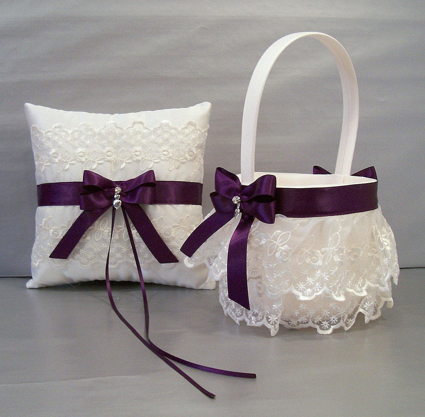 Lace Bearer Pillow Mauve Flower Wedding Flower Lace Ring Girl Basket Set 