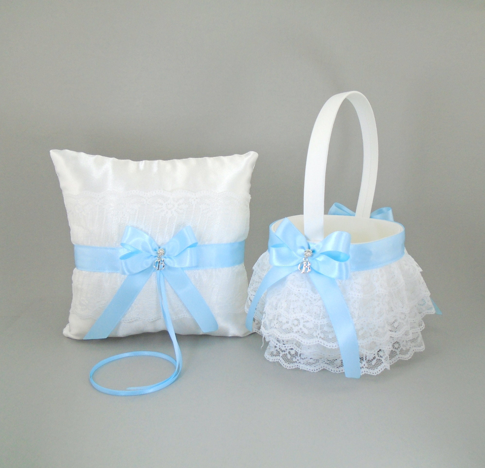 Sky Blue Wedding Pillow Basket Set Light Blue Flower Girl Basket Ring Bearer 
