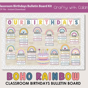 Birthday Board Classroom Decor, Rainbow Classroom Theme, Editable Classroom Birthday Board, Boho Bulletin Board, Student Birthday Board