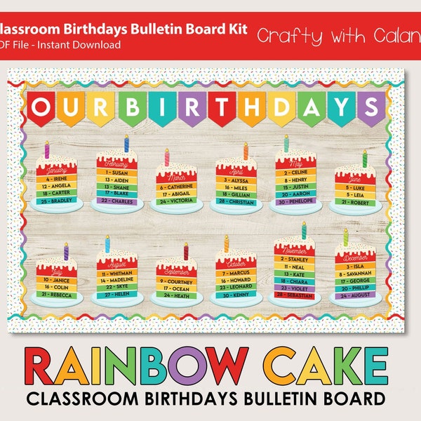 Decorazioni per la classe della tavola di compleanno, tema della classe della torta arcobaleno, bacheca di compleanno modificabile in classe, bacheca delle torte, bacheca di compleanno degli studenti