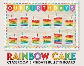 Birthday Board Classroom Decor, Rainbow Cake Classroom Theme, Editable Classroom Birthday Board, Cake Bulletin Board, Student Birthday Board
