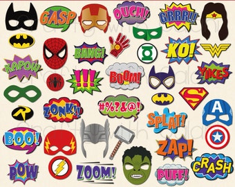 Superhero Theme Party Booth Prop, Printable Superhero party Photo Booth Prop, Retro Superhero Speech Bubbles - 40 ready to print images