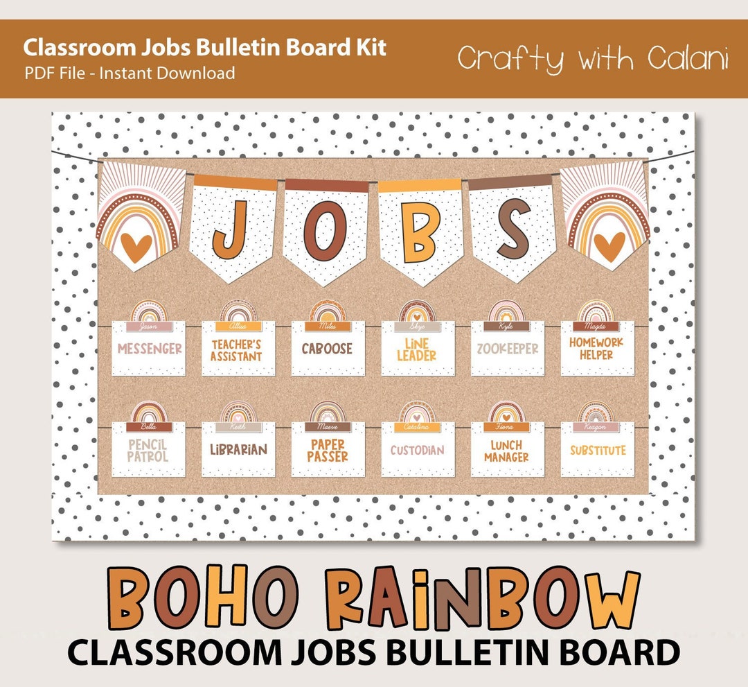 Rainbow Classroom Jobs Display, Classroom Job Chart, Boho Rainbow Job