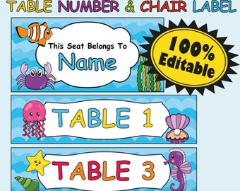 Classroom Table and Chair Label, Ocean Theme Classroom, Ocean Classroom Table Number, Editable Chair Label, Under Sea Classroom Group Label