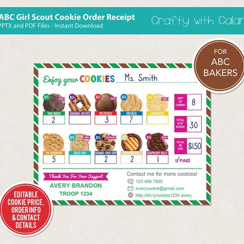 Girl Scout Cookie Receipt Template ABC 2023 Cookie Order - Etsy