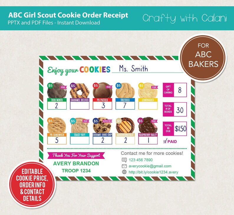 Girl Scout Cookie Receipt Template ABC 2023 Cookie Order - Etsy
