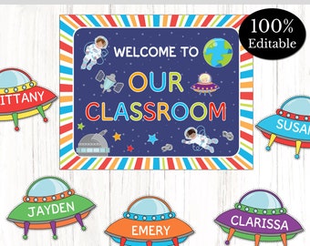 Classroom Welcome Sign, Space Theme Classroom, Galaxy Class Door Sign, Welcome To Our Classroom, Space Classroom Sign, Editable Door Deco