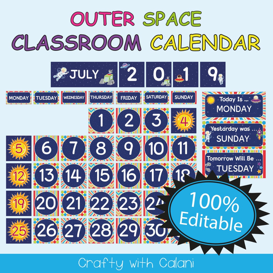 Calendar Classroom Decoration, Space Classroom Theme, Editable