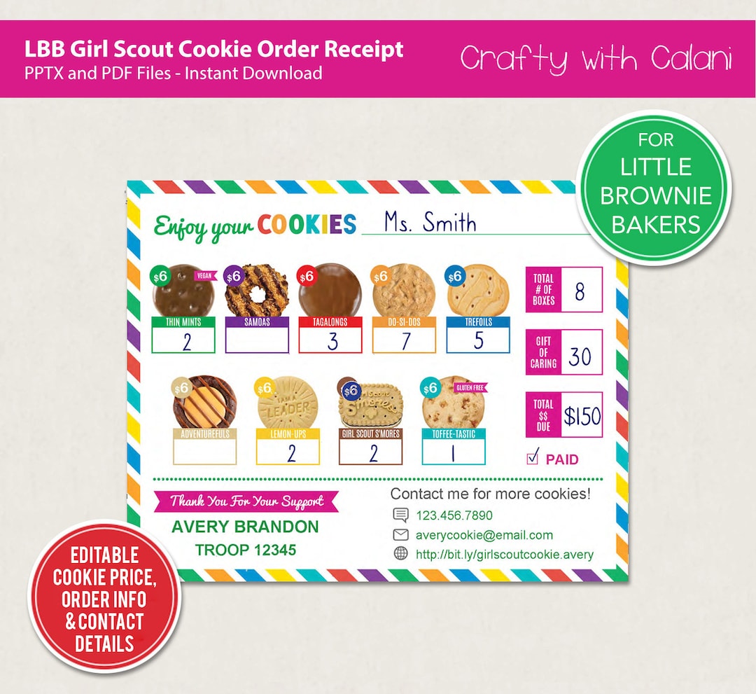 Girl Scout Cookie 2024 Receipt Template, LBB Cookie Order Recap, Scout ...