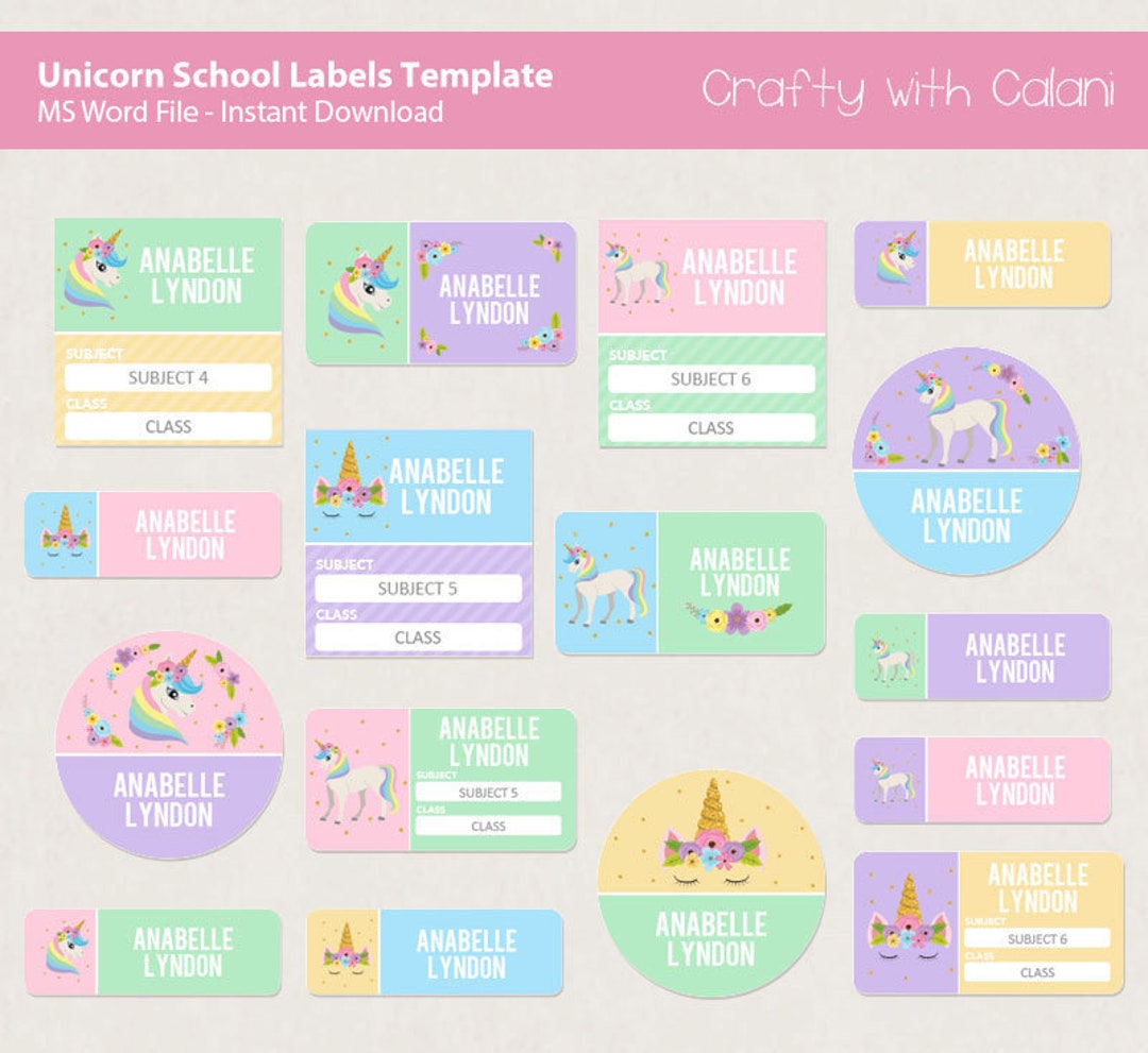 School Name Label, Unicorn School Label Template, Unicorn Name Label