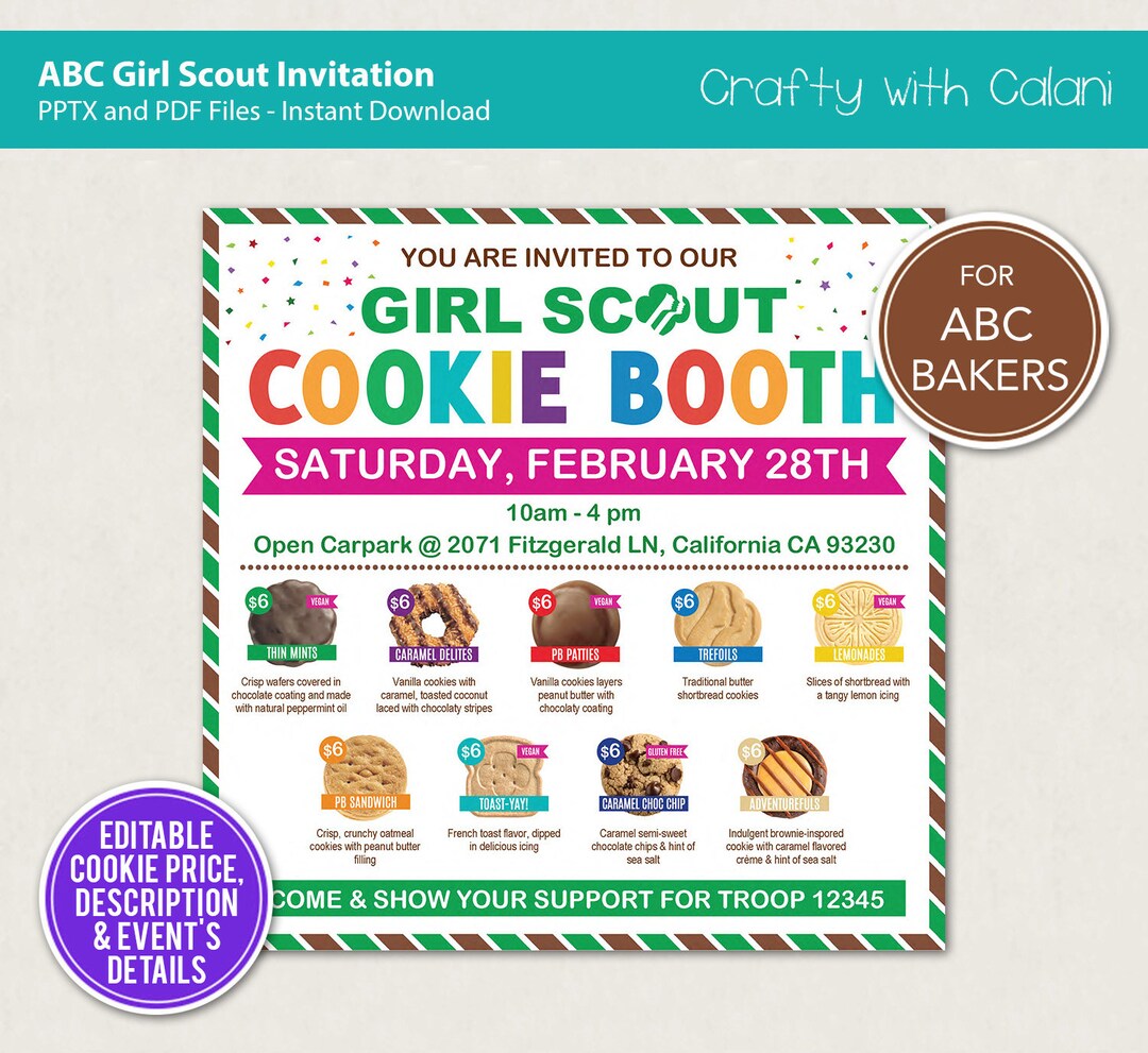 Girl Scout Cookie 2024 Cookie Booth Invite, ABC Cookie Booth Ad, Girl ...