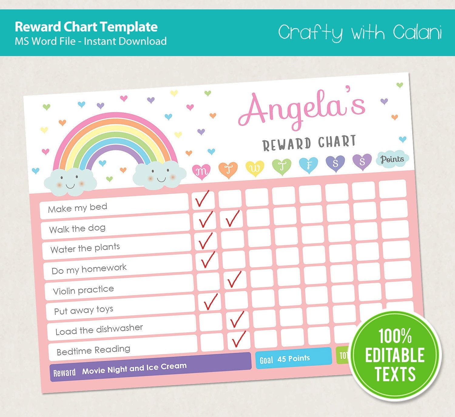 Reward Chart Template Editable Rainbow Reward Chart Chore  Etsy Inside Reward Chart Template Word