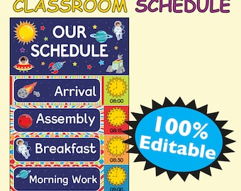Classroom Schedule Cards with Clock, Space Classroom Theme, Editable Galaxy Class Schedule, Classroom Daily Schedule, Classroom Management