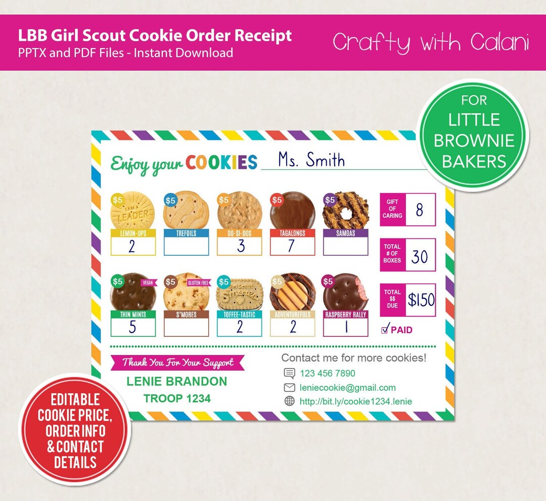Girl Scout Cookie Receipt Template LBB 2023 Cookie Order - Etsy