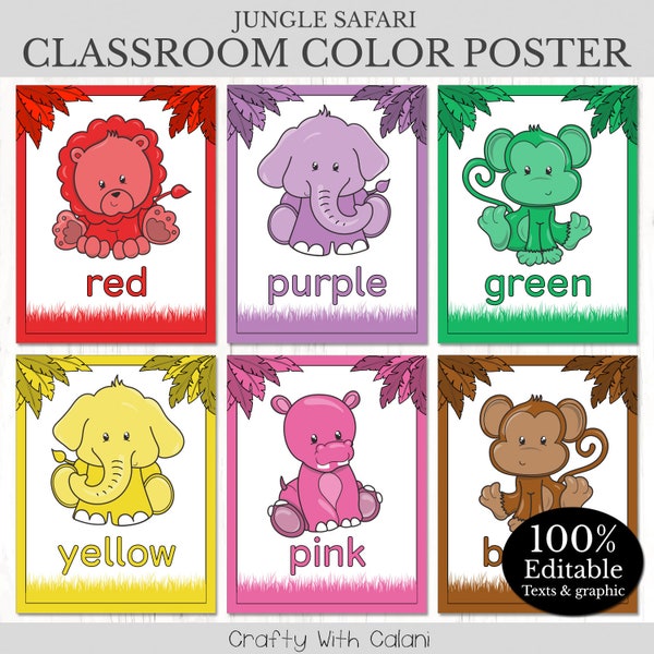 Color Poster Classroom Decoration, Safari classroom theme, Editable Color Poster, Pre-School Color Poster, Editable Jungle Color Poster