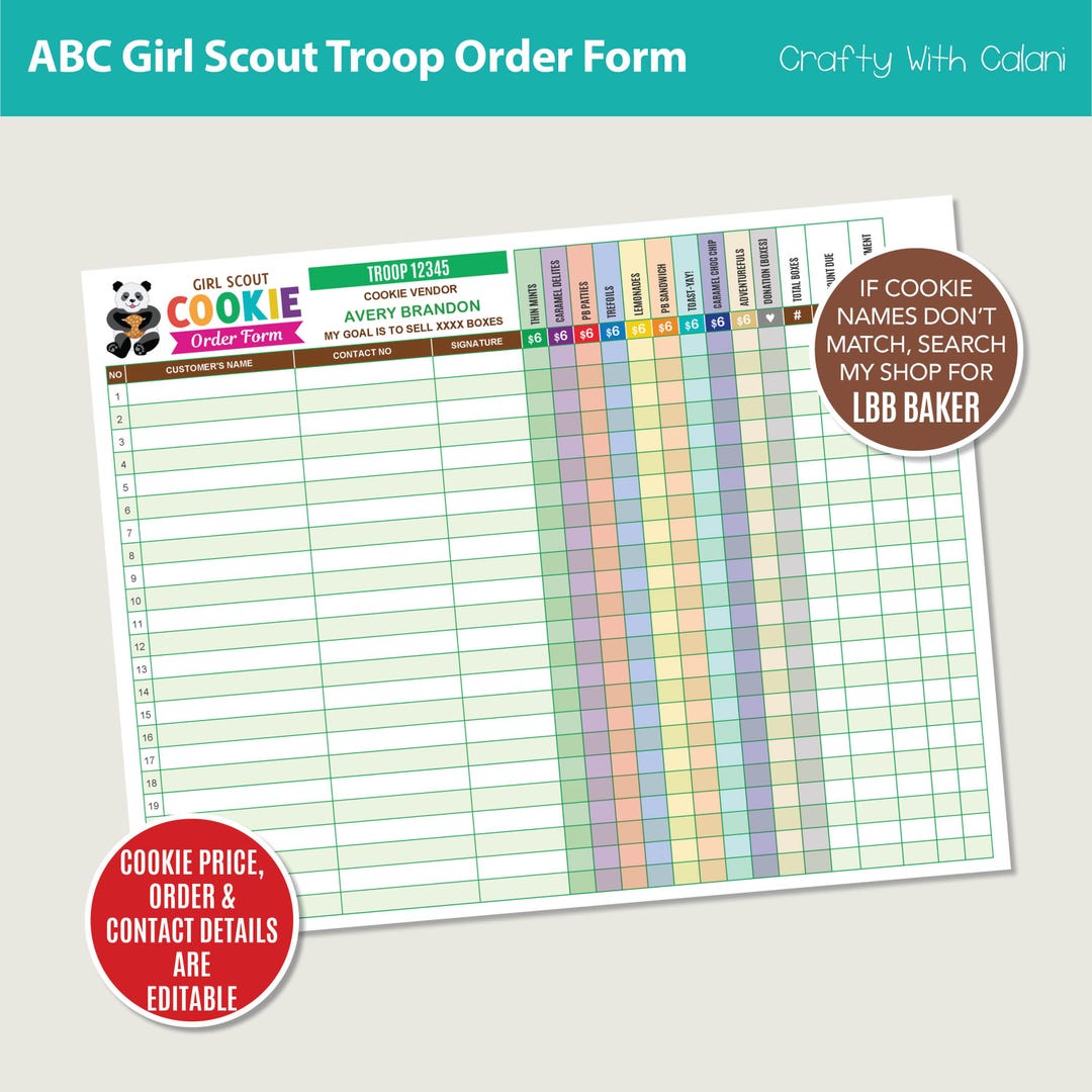 Girl Scout Cookie 2025 Order Form Template, ABC Cookie Troop Order Form