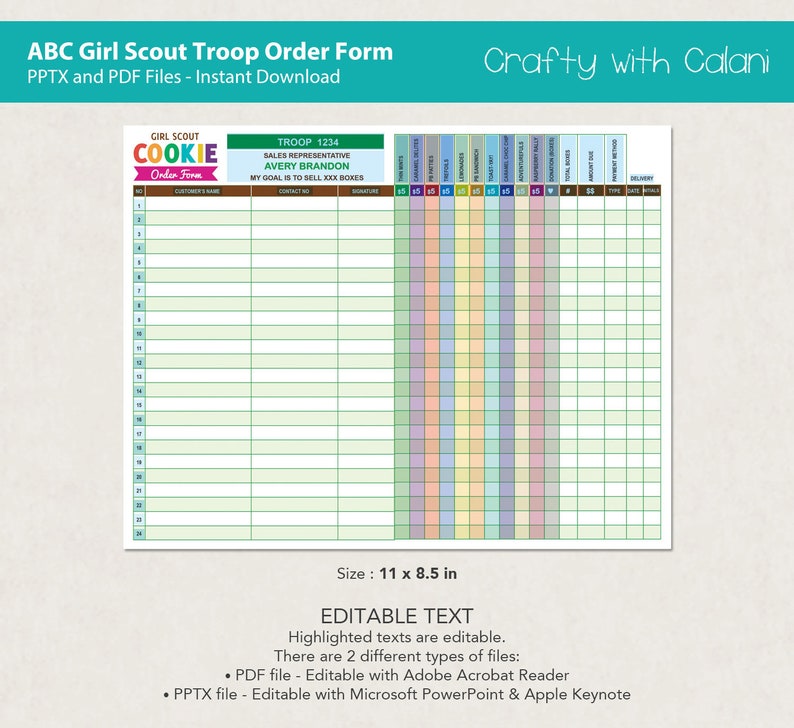 Girl Scout Cookie 2023 Order Form Template ABC Cookie Troop Etsy