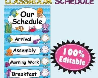 Classroom Schedule Card with Clock, Ocean Theme Classroom, Editable Ocean Class Schedule, Sea Classroom Daily Schedule, Classroom Management