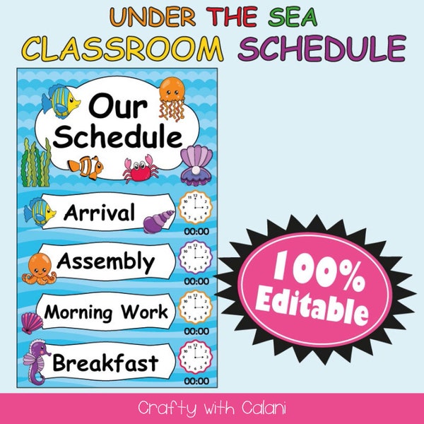 Classroom Schedule Card with Clock, Ocean Theme Classroom, Editable Ocean Class Schedule, Sea Classroom Daily Schedule, Classroom Management