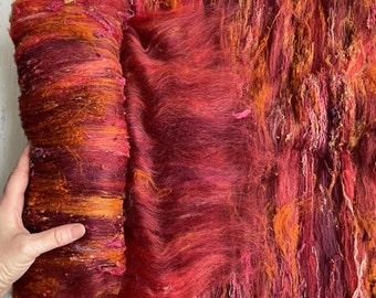 Textured Garnet fiber art batt . 1.7oz wool and silk batt for spinning . carded batt for nuno felting
